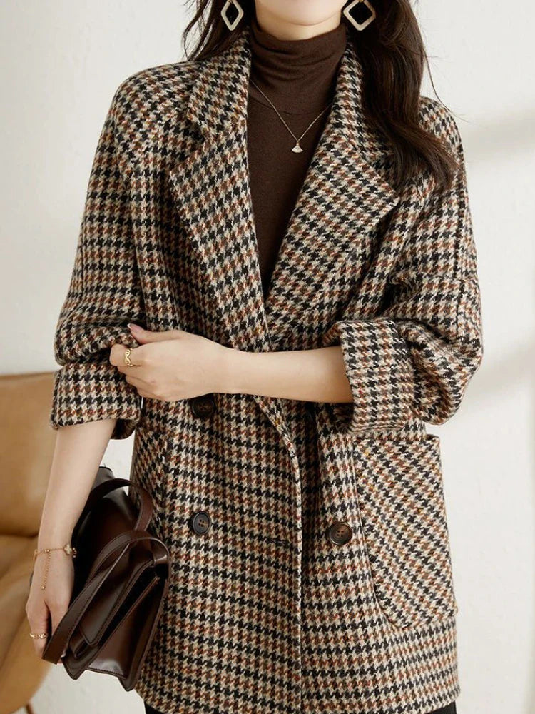 warmmeta  2 New Vintage Houndstooth Women Woolen Blazer Double Breasted Plaid Female Suit Jacket Fashion Korean Outerwear Loose Blaser Coat