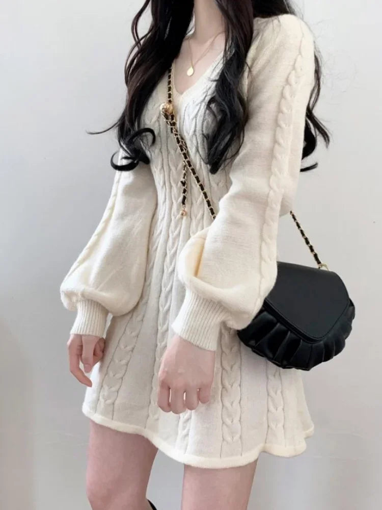 Knitted Mini Dresses Women Autumn Winter Lantern Sleeve V Neck Sweater Dress Female Korean Fashion Preppy Style Casual Dresses