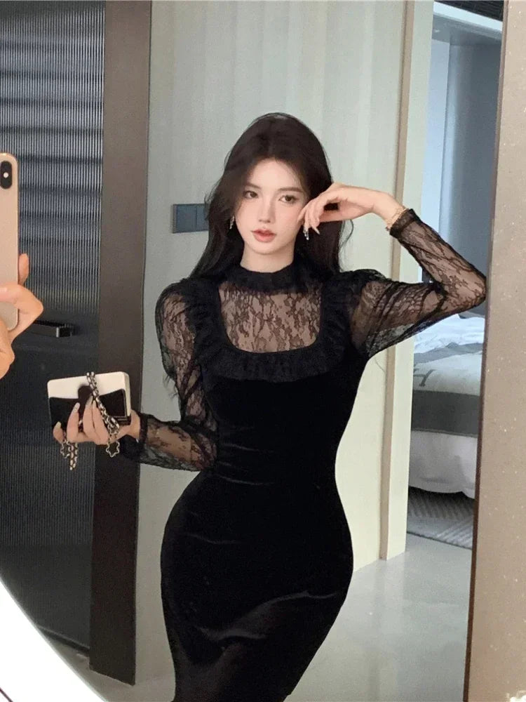 WARMMETA Vintage Elegant Dresses Women Lace Ruffles Patchwork Velvet Long Sleeve Slim Stretch Split Temperament Dress Ladies Black