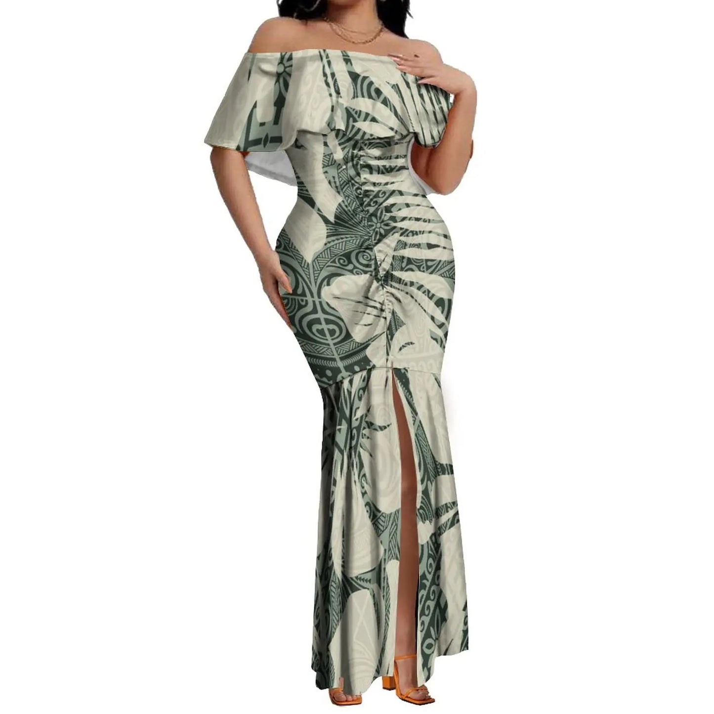 Pacific Island Art Women's Dresses Polynesia Hawaii Retro Style Off Shoulder Split Mermaid Dress