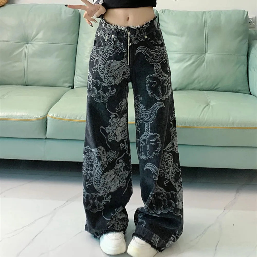 Dragon pattern print design Vintage Y2K jeans women autumn and winter personalized graffiti straight wide leg pants Streetwear