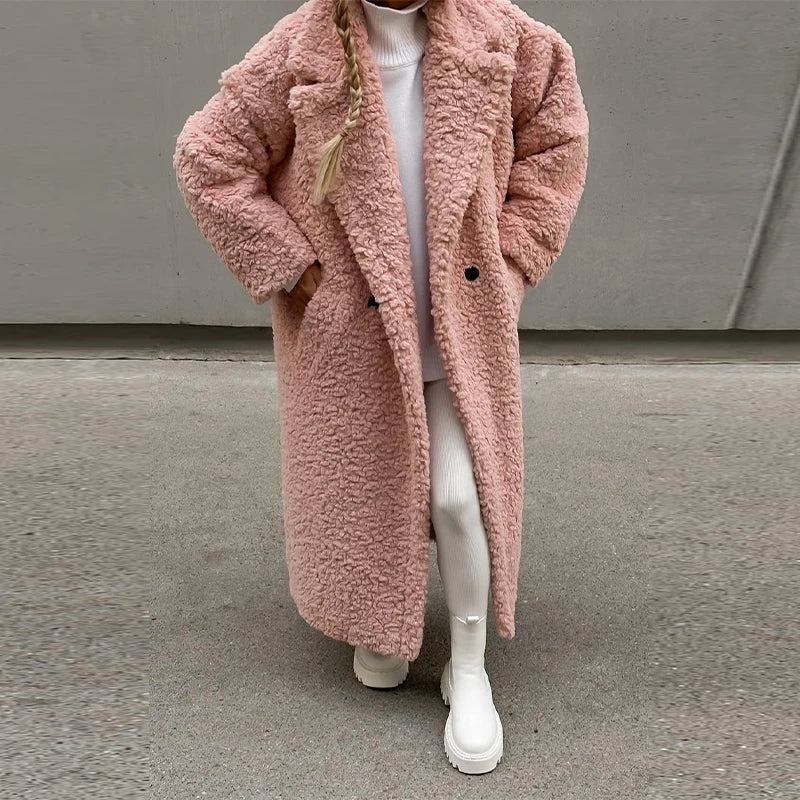 Fashion Lambswool Long Coat Women Lapel Long Sleeve Pockets Buttons Female Overcoat Autumn Winter Thickening Warm Lady Outwear