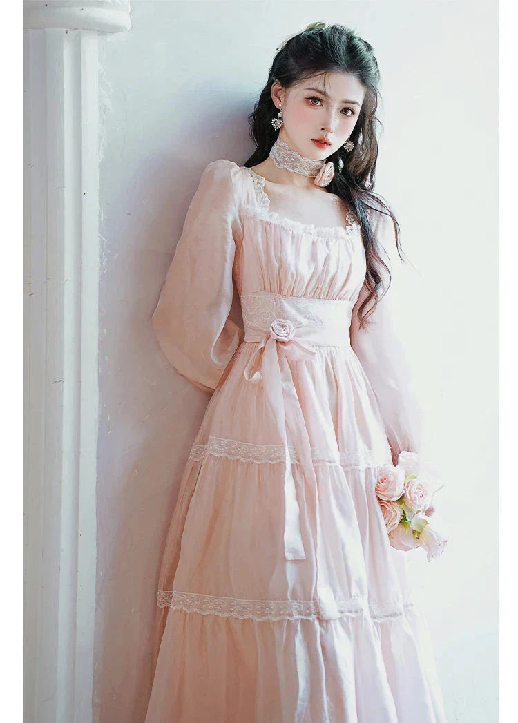 Rosepetal River Fairycore Princess Dress with Choker Necklace