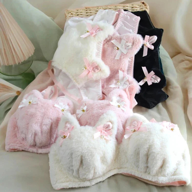 Soft Kawaii Kittens with Bow Lingerie Set