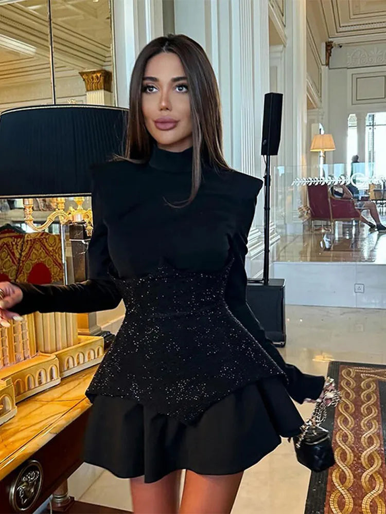 Women Fashion Sequin Black Patchwork Mini Dress O Neck High Waist Long Sleeve A-line Dresses 2024 New Evening Party