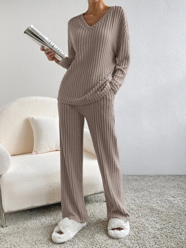 warmmeta Casual Sets for Women 2 Pieces Autumn New Loungewear Loose V-Neck Long Sleeve Top and Pit Strip Knitted Straight Pants Suit