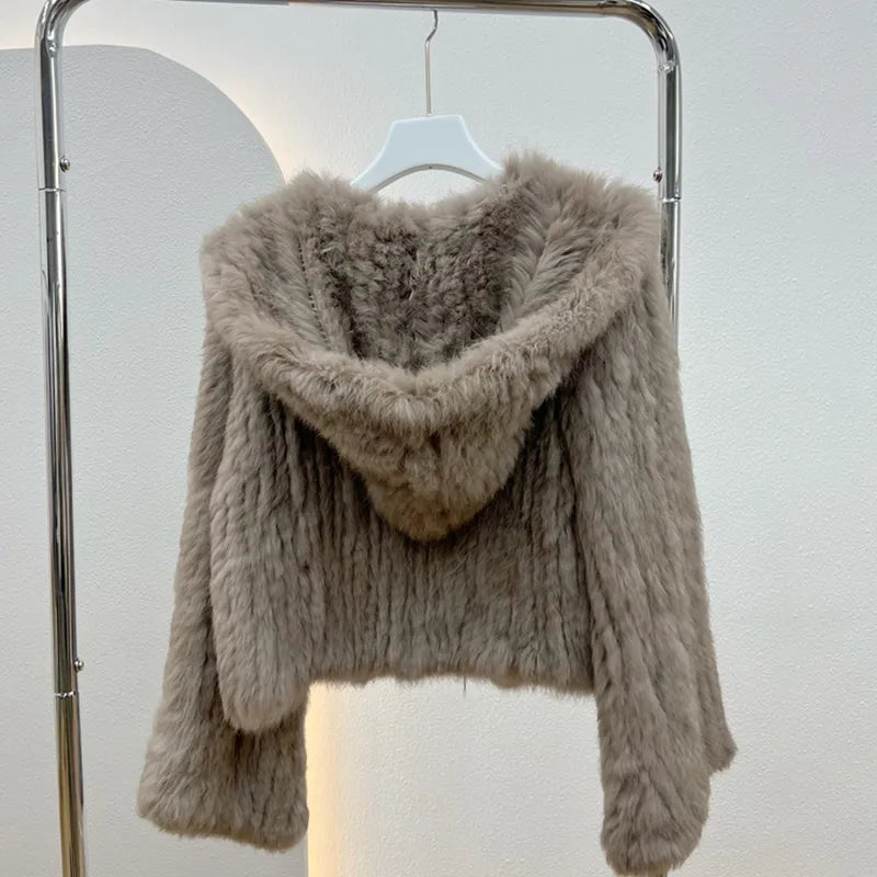 Real Rabbit Fur Hooded Coat Long Sleeve Women Casual Loose Knitted Genuine Fur Jacket With Hood Female Natural Fur Outwear