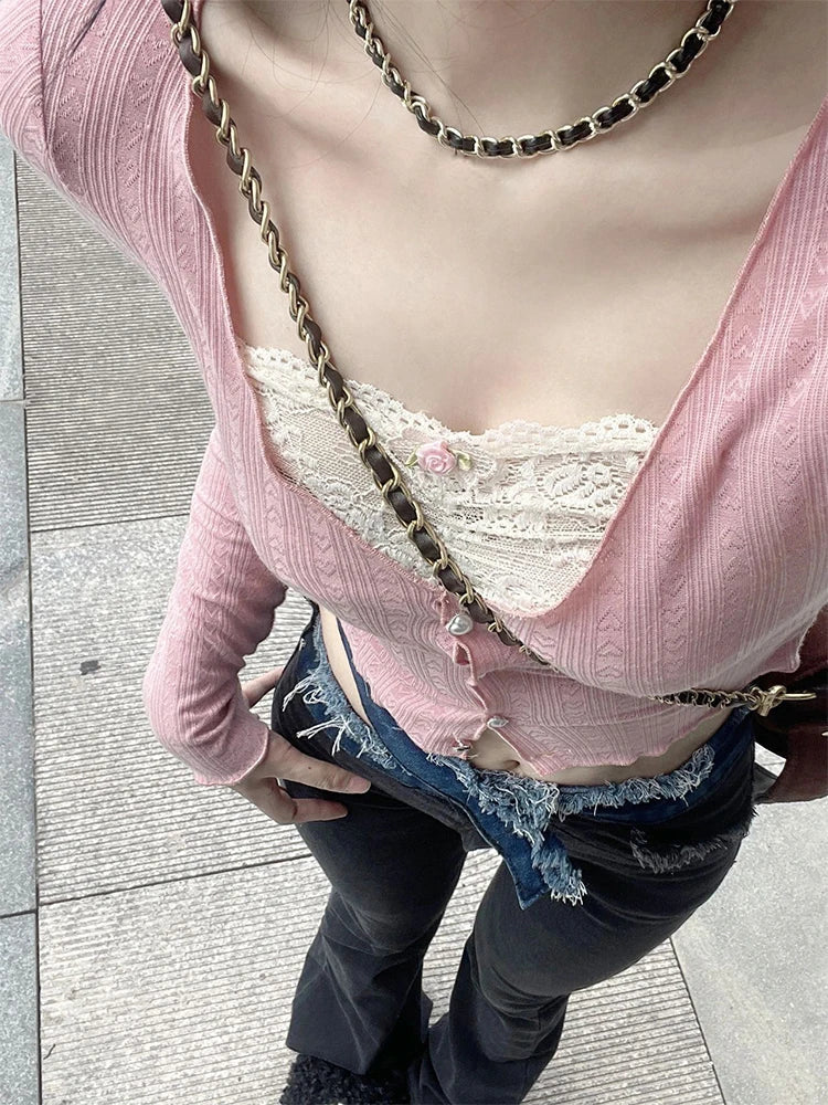 Korean Fashion Crop Top Women Spring Long Sleeve Knitted T-Shirt Ulzzang Sweet Cute Pink Lace Patchwork Slim Y2K Aesthetic Tees