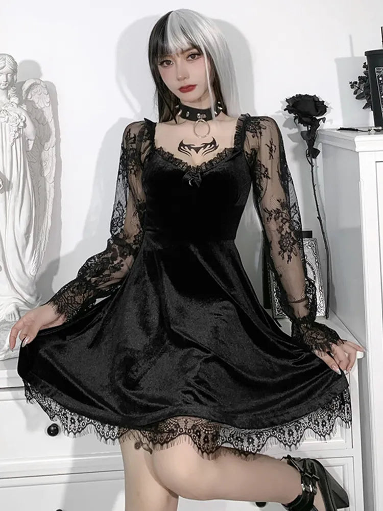 warmmeta E-girl Grunge Gothic Black Mini Dress Lace Trim High Waist Bodycon Dress Women 90s Vintage Punk Harajuku Lolita Clothes