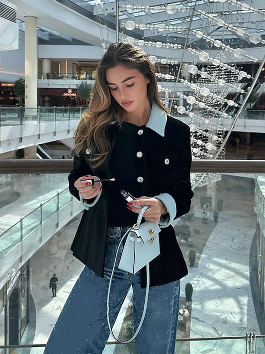 PICSGIRL -  Fashion Contrasting Colors Patchwork Blazer Coat Women Elegant Long Sleeves Woolen Short Jacket Office Ladies Commute Outwear