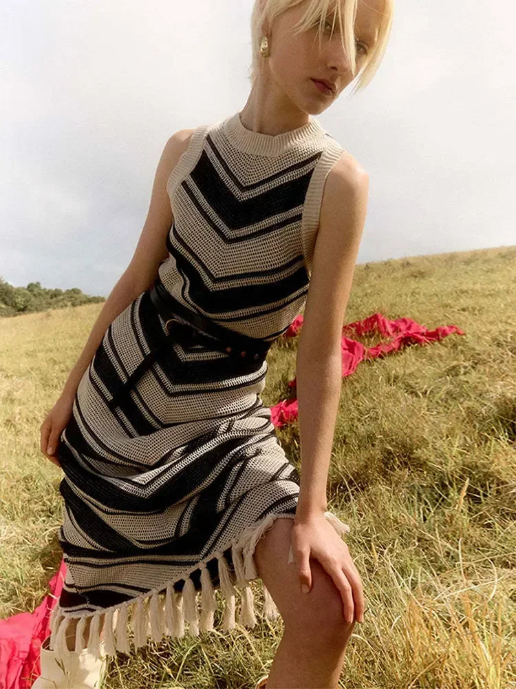 Fashion Wave Striped Tassel Hem Knitted Dress Women Sexy O Neck Sleeveless Bodycon Dresses Lady Holiday Beach Vacation Robes