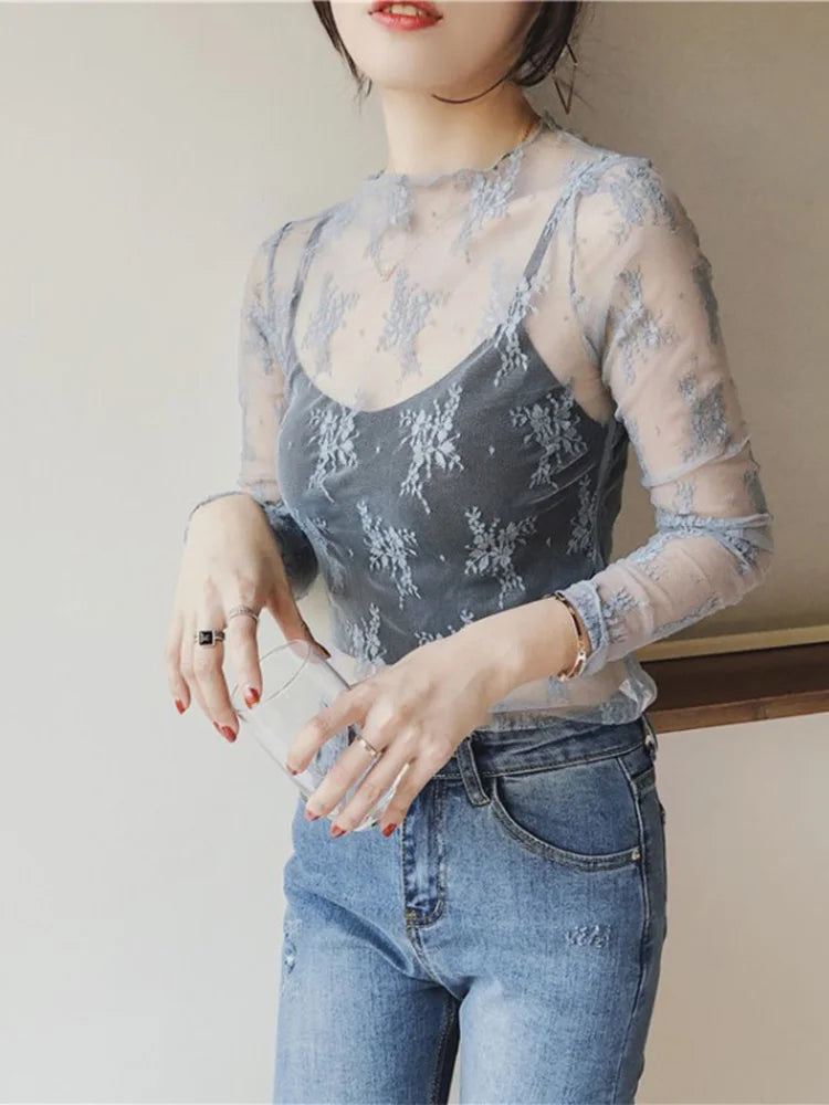 warmmeta-Summer Women Lace Floral Embroidery Blouses Shirt Ladies tops Sexy mesh Blouses Transparent Elegant See-through Black Shirt