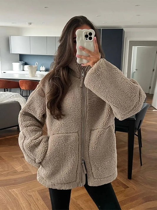 Solid Casual Loose Zippered Plush Jacket Women's Fashion Elegant Long Sleeve Overcoat Autumn/Winter Thick Warm Street Wear