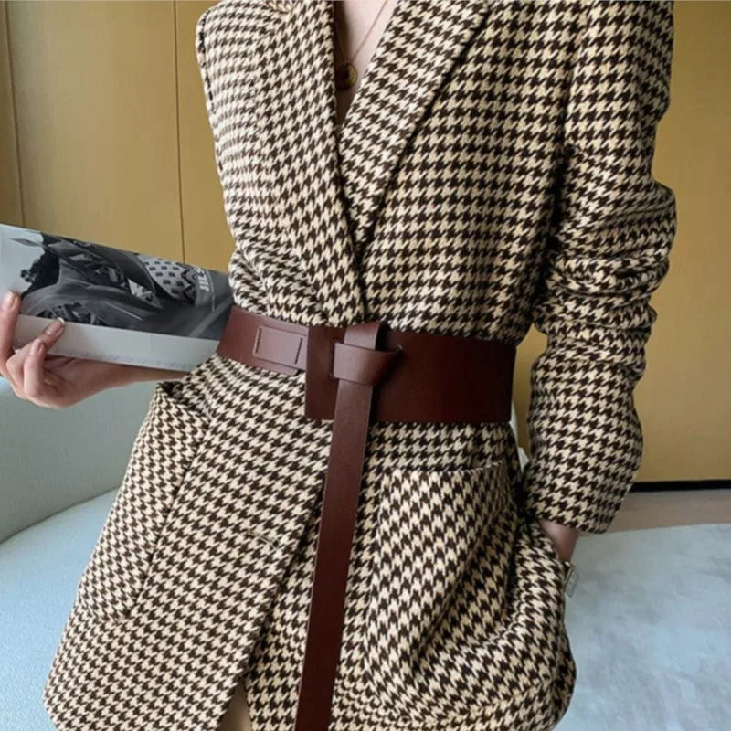 Autumn Women Vintage Houndstooth Woolen Blazer Jackets Fashion Elegant Casual Outerwear Coat With Belt Female Cardigan Clothes