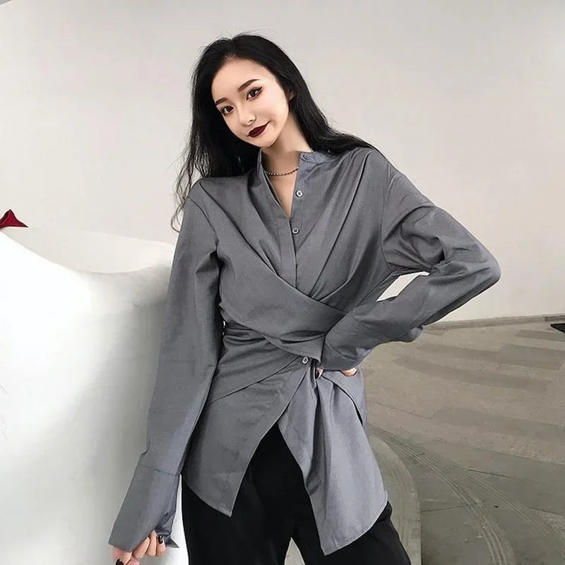 Deeptown Korean Style Women Blouses Tunic White Casual Chic Elegant Female Fashion Irregular Top Long Sleeve Shirts Office Wear