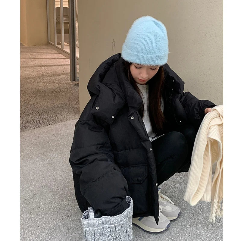 Brown Down Jacket Women Coat Black Hooded Fashion American Streetwear Y2K Style Duck Down Feather Female Winter Short Outwear