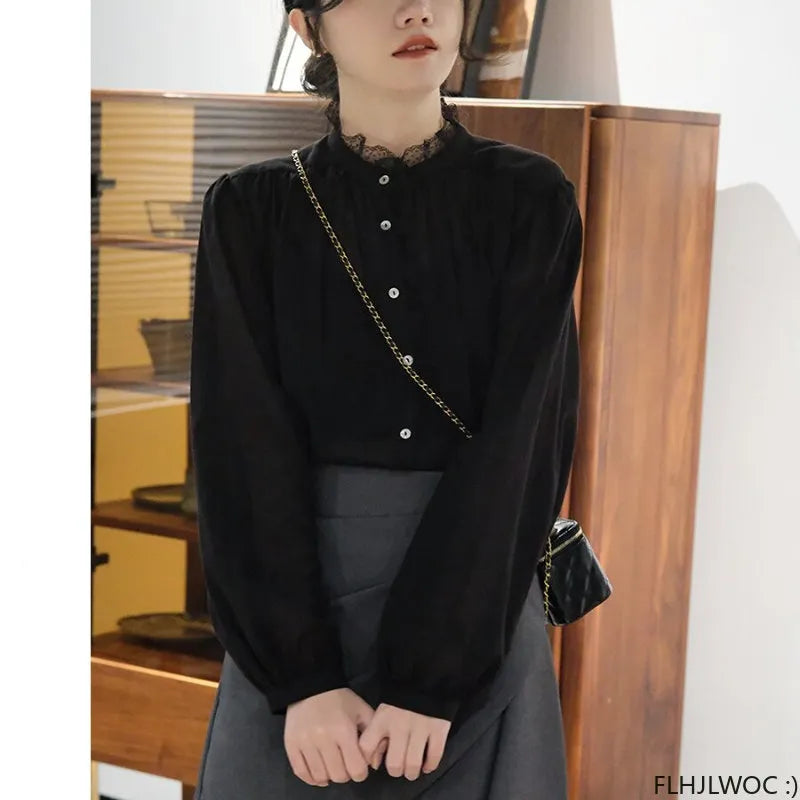 warmmeta Thin Transparent Lace Tops Women Korea Style Design 2023 French Elegant Office Lady Cute Girls Chic Ruffles Basic Shirts Blouse