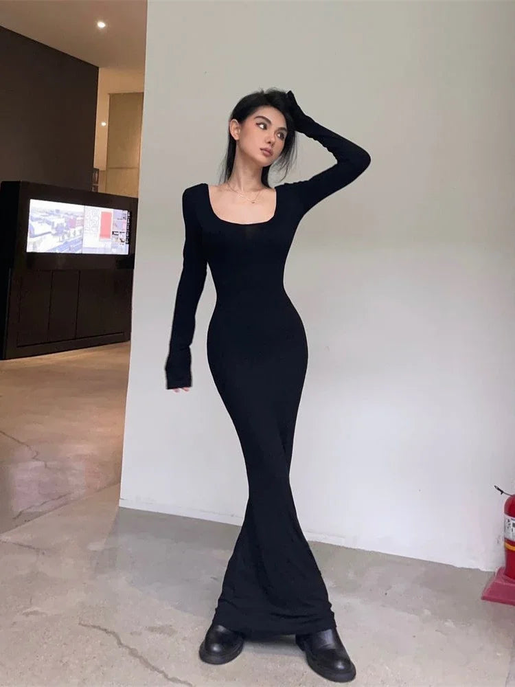 Y2K Sexy Black Dress Women Vintage Wrap Slim Bodycon Long Dresses Party Evening Square Collar 2023 Fashion Spring Outfits