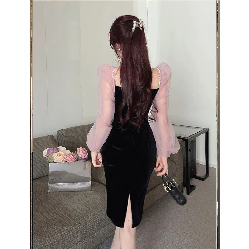 WARMMETA Hot Girl Slim Dress Women's Autumn Pearl Chain Slash Neck Long-sleeved Knee Length Wrap Hip Dress Fashion Female Clothes