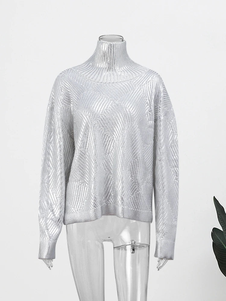 Women Metallic Solid Turtleneck Sweater Elegant Loose Long Sleeve Silver Casual Pullover Autumn Female Fashion Chic Jumper