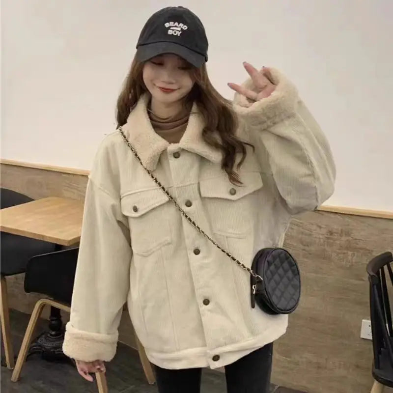 Corduroy jacket for women autumn and winter new Korean style loose lamb wool plus velvet student corduroy top trendy coat