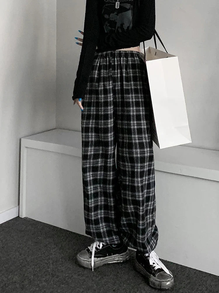 Jmprs Oversize Women Sweatpants Summer Fashion Black Plaid Casual Pants Elastic Waist Casual Pockets Student Trousers