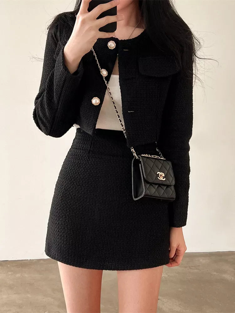 Korean Fashion Tweed 2 Two Piece Set Womens Outfits 2022 Autumn Long Sleeve Short Jacket + A-line Mini Skirt Suits Vintage