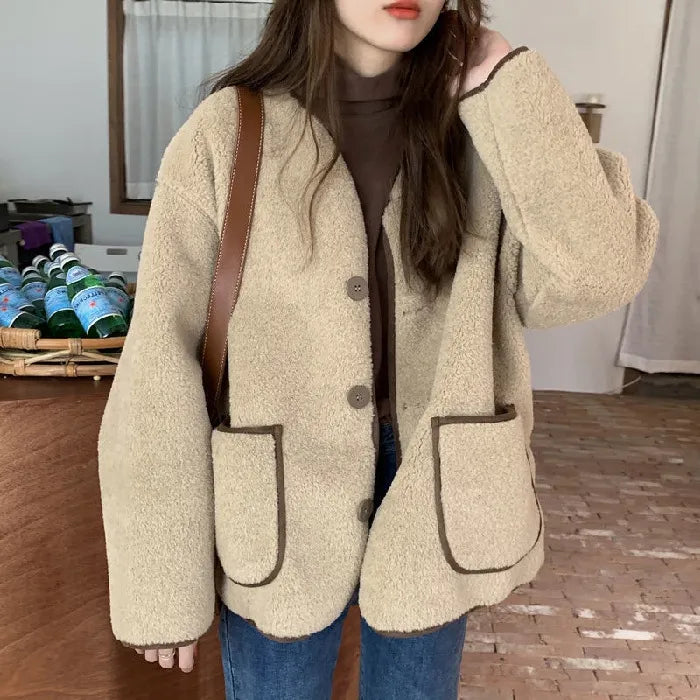 Women Autumn Winter Warm Teddy Coat Berber Fleece Round Collar Short Jacket Plush Outerwear Female Fashion Streetwear Clothes