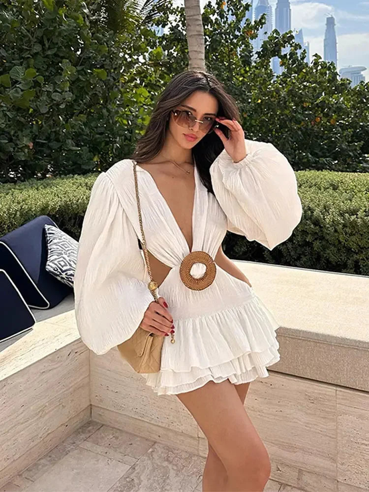 Sexy V Neck Hollow Out Solid Mini Dress Women Spring Casual Long Sleeves Pleated Vestidos Summer Beach Holiday Party Robes