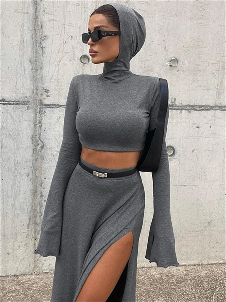 Picsgirl Tossy Hoodie Long Sleeve Pullover 2 Piece-Set Maxi Skirt Female Patchwork High Waist Long Skirt Sets Summer Women Outfits 2024