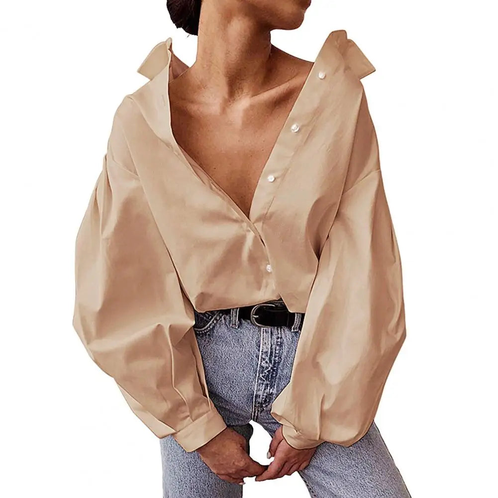 Lady Shirt Lapel Lantern Long Sleeves Lady Shirt Single-breasted Placket Solid Color Lady Loose Women Blouse Female Clothing