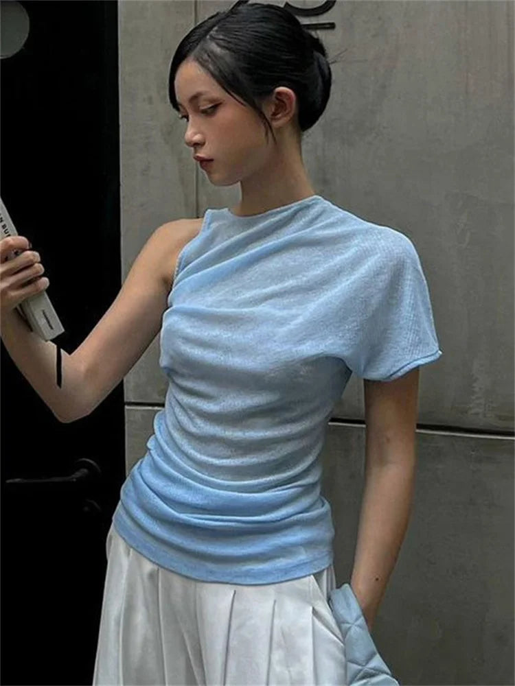 Picsgirl Tossy Solid Casual One-Shoulder T-shirt For Women Patchwork Short Sleeve Pleated Fashion Summer Y2k Top Female Pullover Tee Top