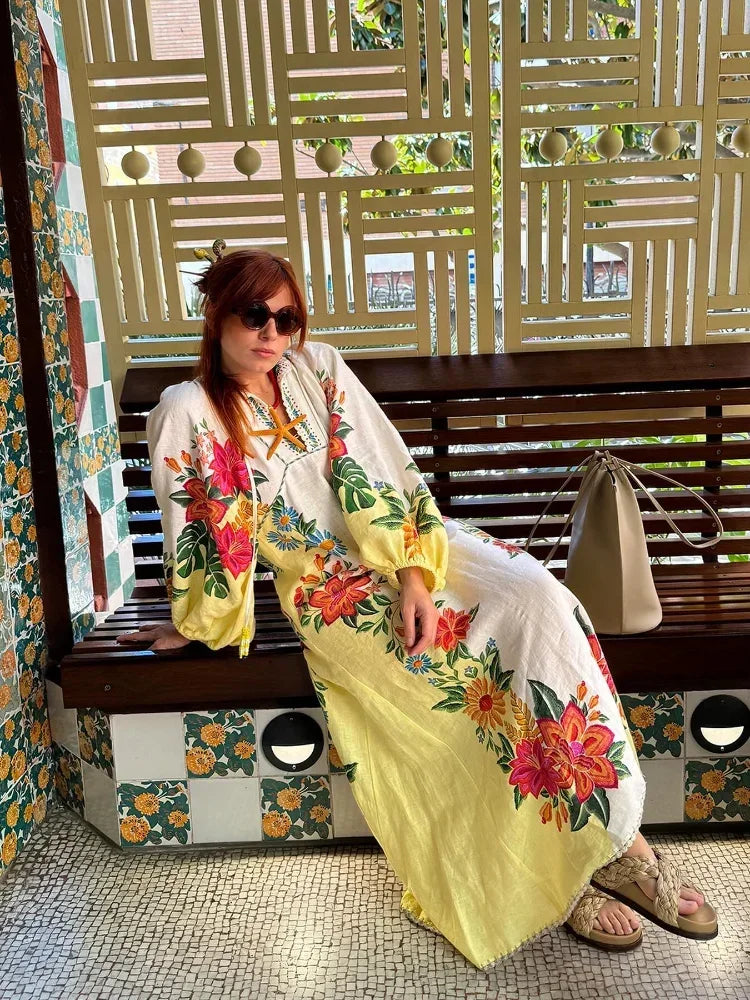 Summer Tropical Style Flower Print Long Dress Women Elegant V-neck Lantern Sleeve Loose Vestido Female Beach Holidays Dresses