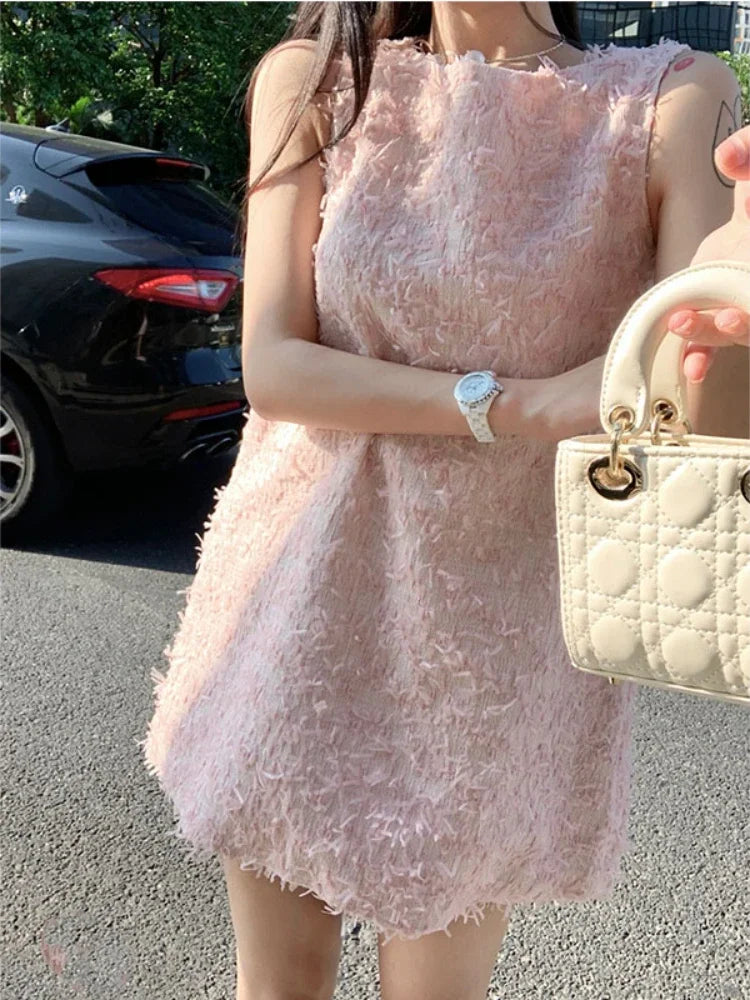 warmmeta Elegant Dresses Women Sweet Sleeveless O Neck Pink Summer New Patchwork Loose Mini Dress Sexy Ladies Fashion