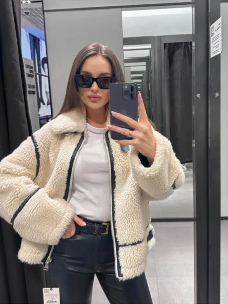 Loose Lamb Wool Coat For Women Fashion Long Sleeves Zipper Pocket Warm Jackets 2023 Winter Female Casual High Street Outwear