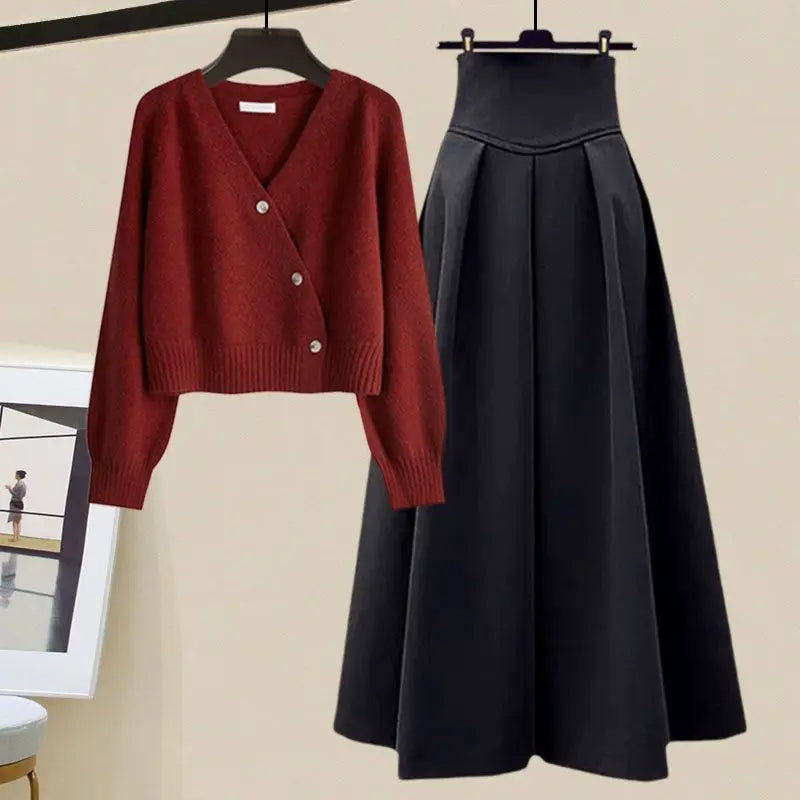 Spring Autumn Suit Women's New French Sweater Midi Skirts Outfits Knit Cardigan Knitwear High Waist Slim Skirts Two Piece Set