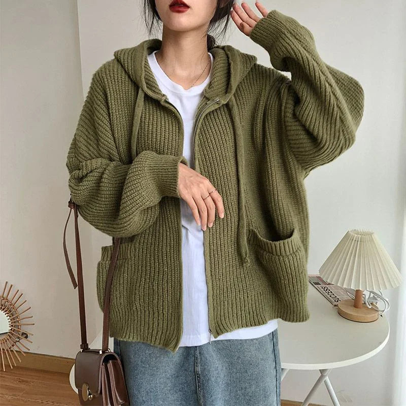 Japanese Retro Hooded Knitted Cardigan Female Autumn Winter Zipper Pockets Sweater Coat Women Casual Loose Solid Knitwear Woman