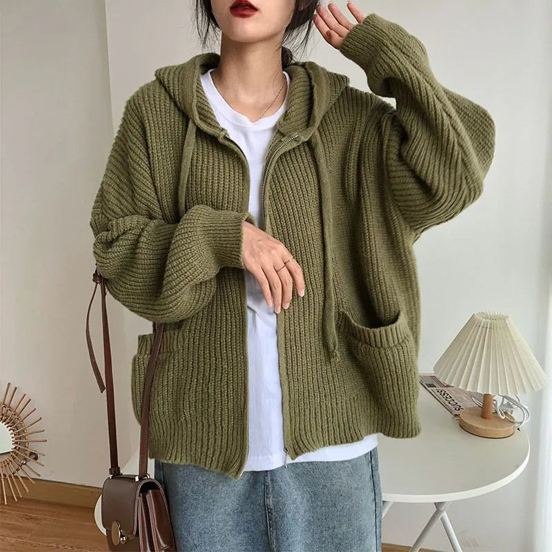 Japanese Retro Hooded Knitted Cardigan Female Autumn Winter Zipper Pockets Sweater Coat Women Casual Loose Solid Knitwear Woman