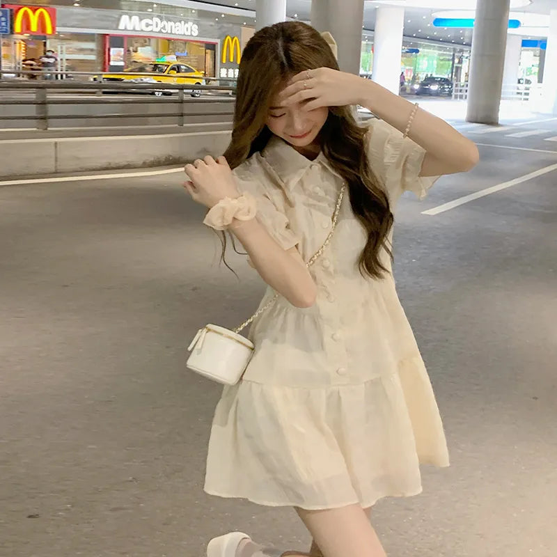 Female Summer Chiffon Senior Sense Niche Design Slim Skirt POLO Collar Bubble Sleeve Shirt Dress