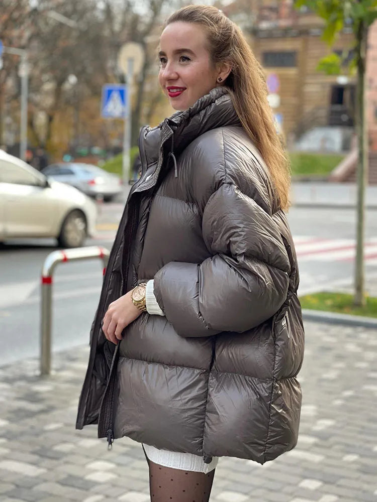 Fashion Solid Pocket Puffer Jacket For Women Casuanl Stand Up Collar Female Parka 2023 Winter Thicken Warm Long Sleeve Lady Coat