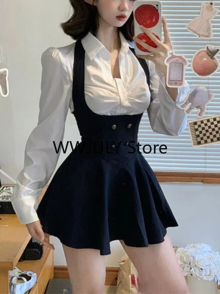 warmmeta Preppy Style Vintage Fashion Suit Woman White Shirt + Short Coat + High Waist Slim Y2k Mini Dress Japanese Elegant Set Chic