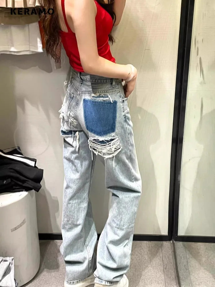 Women Retro Wide Leg Baggy Casual Denim Trouser Harajuku Patchwork Washed High Waist Loose Jeans 2024 Summer Ripped 2000s Pants