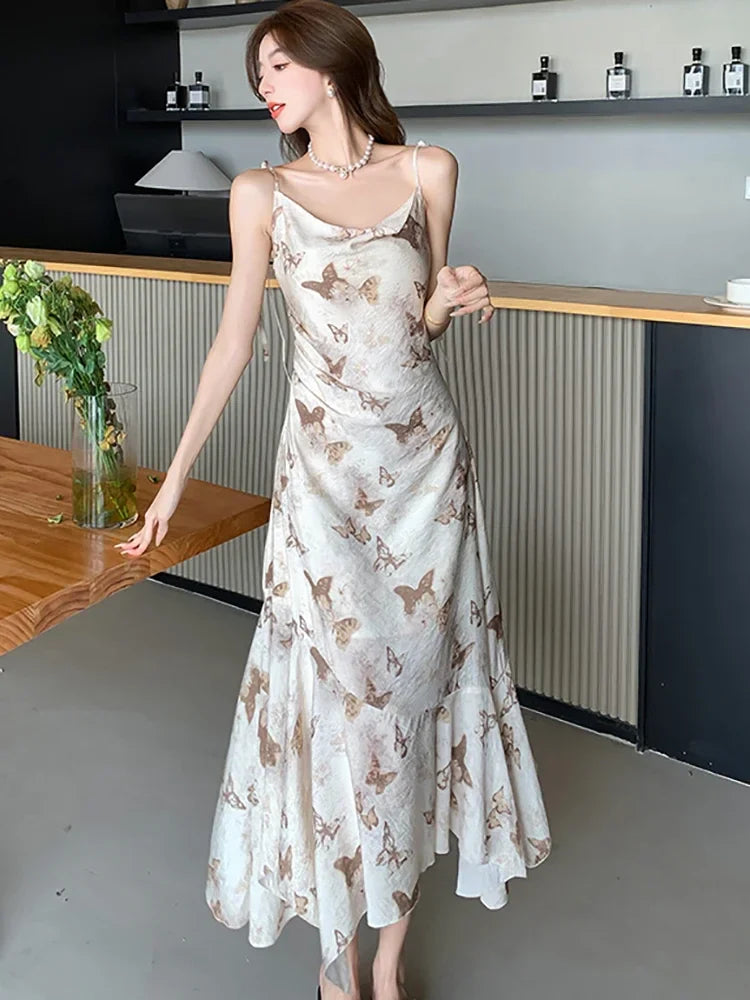 2024 New Print Chiffon Bow Sling Long Dress Summer Elegant Ruffled Mermaid Dress Women Korean Fashion Bodycon Casual Beach Dress