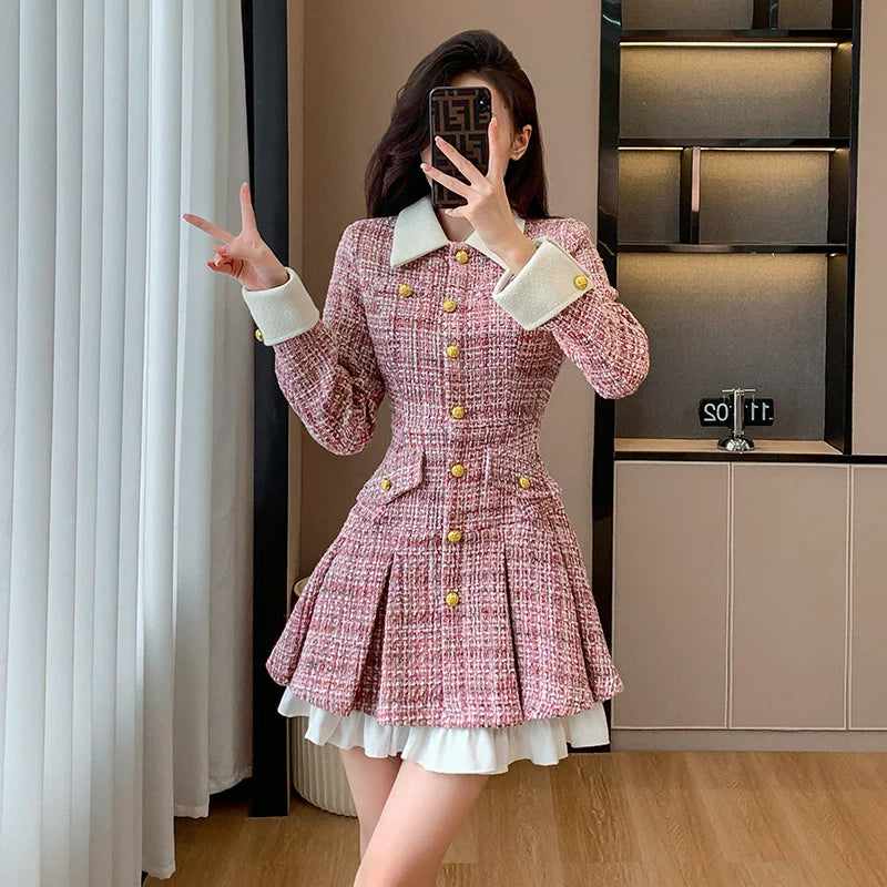 2023 Autumn Plaid Patchwork Women Dress Small Fragrance Tweed Single Breasted Sashes Pink Dresses Party Female Korean Vestidos