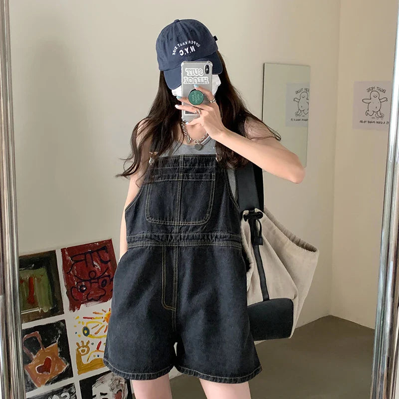 2Colors Summer korean preppy style Jumpsuit Denim Overalls For Womens Girls blue Jeans Shorts womens (78655)