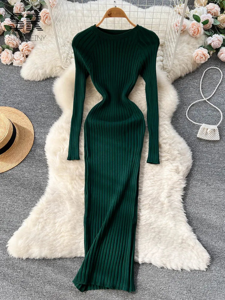 Winter Women Knit Maxi Dress O Neck Autumn Long Sleeve Slim Solid Harajuku Ladies Fashion Pencil Sweater Long Dresses