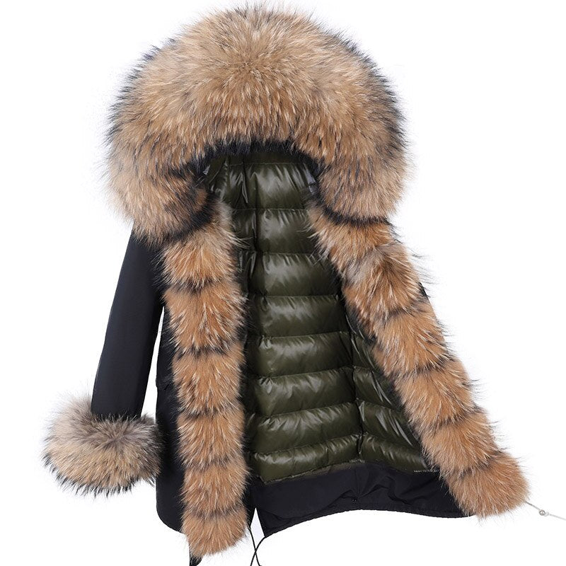 warmmeta 2023 Winter Hooded Thick Natural Real Raccoon Fur Collar Placket with Cuffs Down Jacket Woman Parkas Long Puffer Coat