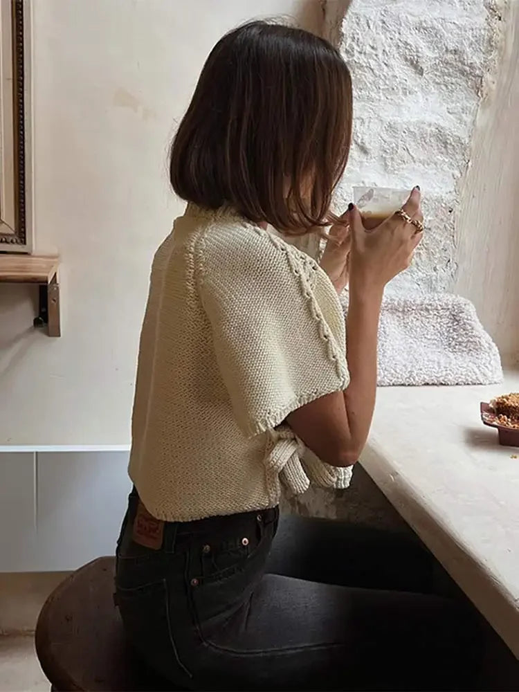 Solid Lace Up Hollow Ribbed Woman Sweater O Neck Short Sleeve Loose Knit Pullover 2024 Female Casual Fashion Street Knit T-shirt