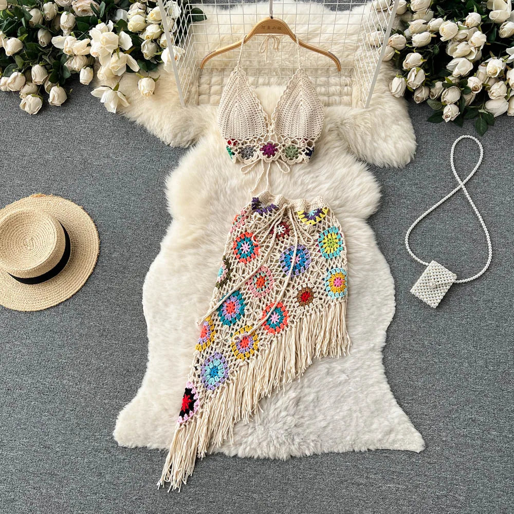 Bohemian Two Piece Knitted Sets Summer Hook Hollow Out Camisole Floral Irregular Tassel Skirt Sexy Beach Style Suits