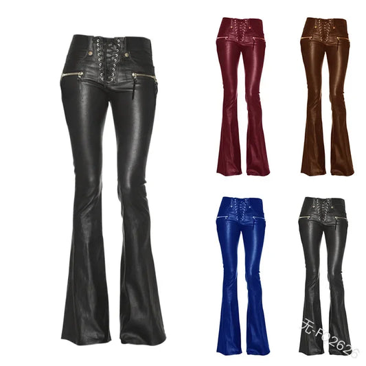 warmmeta-New Women Leather Pants Punk Rock Sexy Bandage Motorcycle Leather Pants Tight High-waist Lace Up Bodycon Flare Trousers